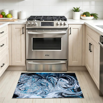 Green Machine Washable,Marble Abstract Nature Blue Marbling Indoor Area Rug