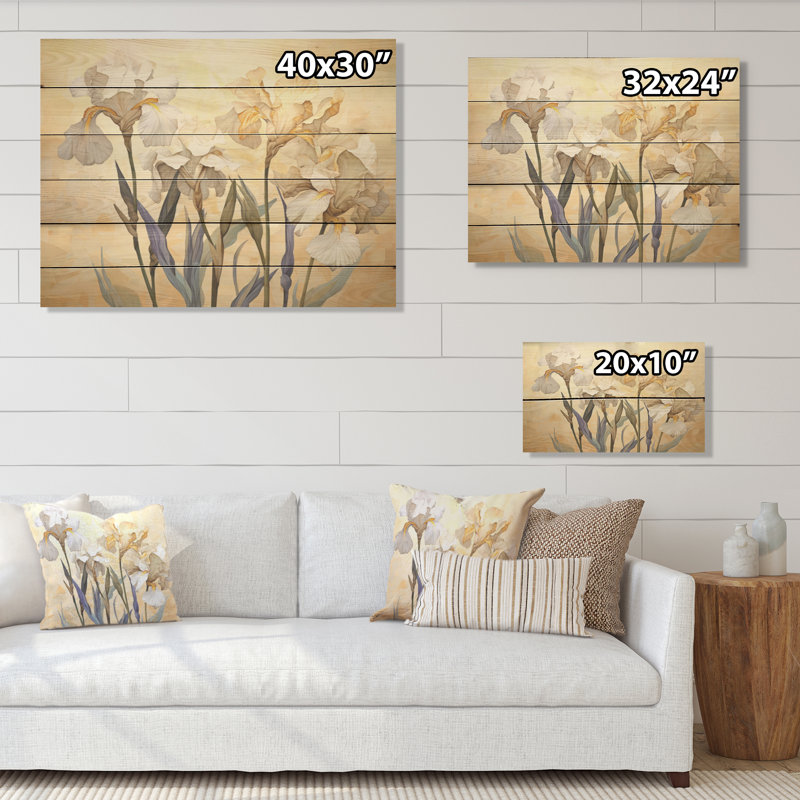 Beige, minimalisme, iris, pétales rayonnants I - iris, art mural sur bois de pin naturel, H 30 po x l 40 po