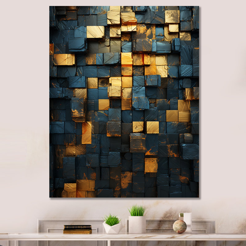 Grunge cubes dorés abstrait géométrique V - art mural abstrait, H 32 po x l 16 po x P 1 po, Toile tendue