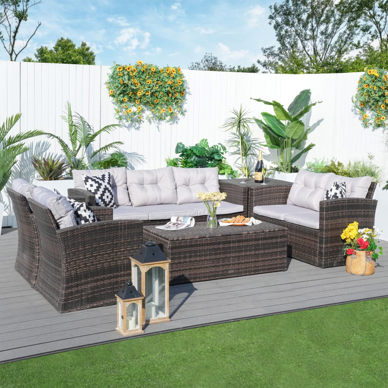 Ensemble de conversation modulaire en rotin 6 pièces avec coussins Tervell, Marron