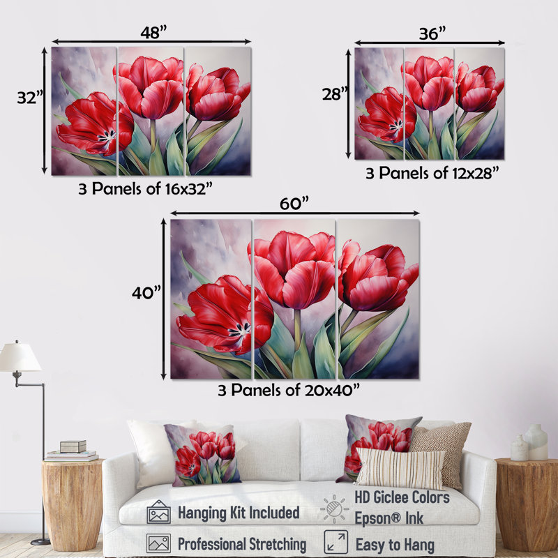Tulipes tranquillité - ensemble de reproductions d'art mural tulipes, H 40 po x l 60 po x P 1 po