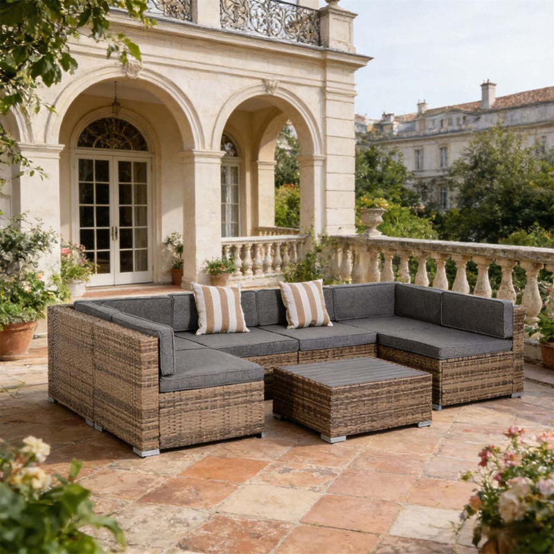 Garden Rattan 7-Piece Outdoor Wicker Sofa Set, Reconfigurable And Durable For Patio Conversations, Gray, Gray
