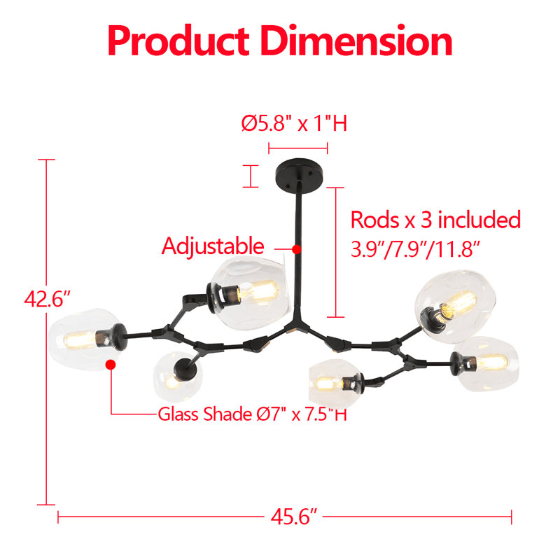 Pendent 6 - Light Dimmable Sputnik Modern Linear Chandelier, Black, Transparent