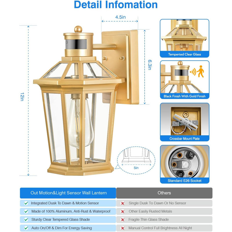 Outdoor Wall Lights With Motion Sensor, Dusk To Dawn Outside Porch Lights Lantern, Waterproof Weather Resistant Exterior Lights For House, Doorway, Garden, Home With Clear Glass Shade