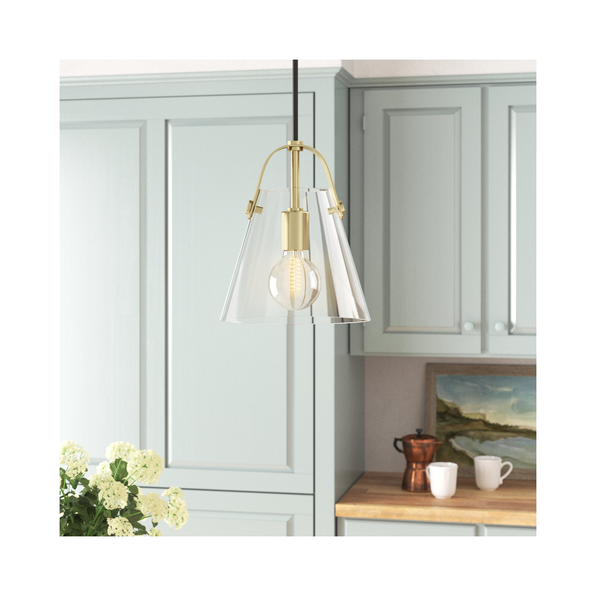Single Light Glass Pendant, Aged Brass, 10.5" H x 9" W x 9" D