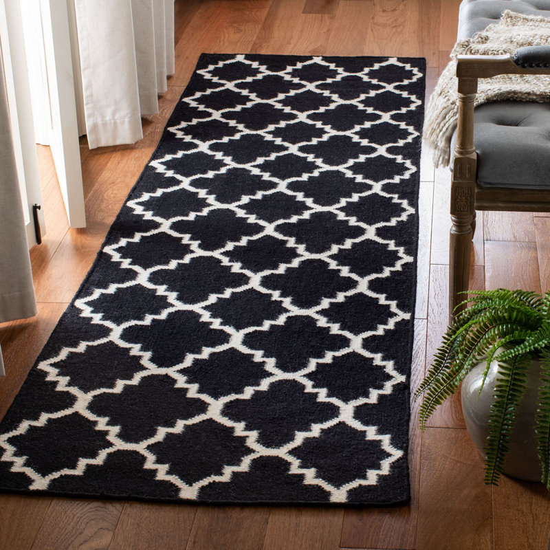 Rodgers Hand Woven Flat Weave Wool/Cotton Geometric Rug in Ivory/Black, Runner 2'6" x 14'