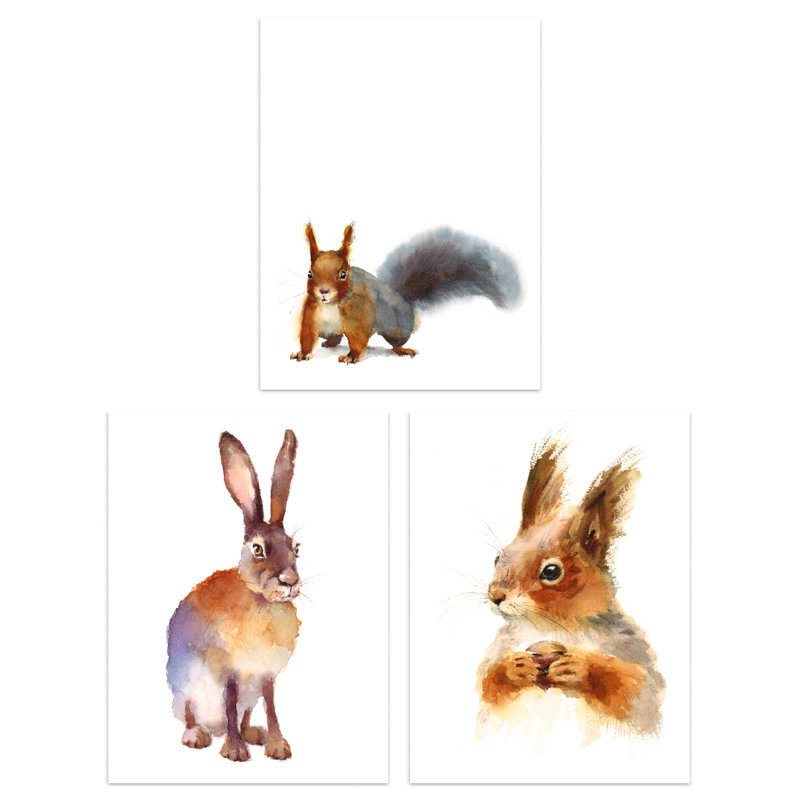 Watercolour Red Squirrel Hare Rabbit 3-Piece Set Unframed Wall Art Prints Bathroom Bedroom Aesthetic Woodland Painting