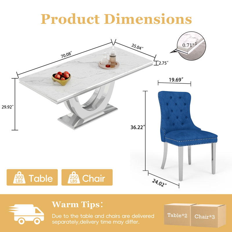 7-Piece Dining Table Set, Marble Veneer MDF Table with 6 Velvet Dining Chairs – Modern Dining Furniture for 6, Blue/Silver
