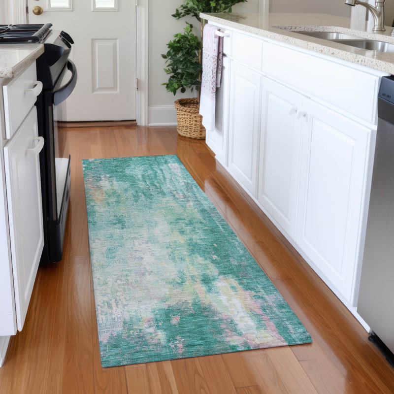 Machine Washable Indoor/Outdoor Claudian ACN1640 Teal Rug, Runner 2'3" x 7'6"