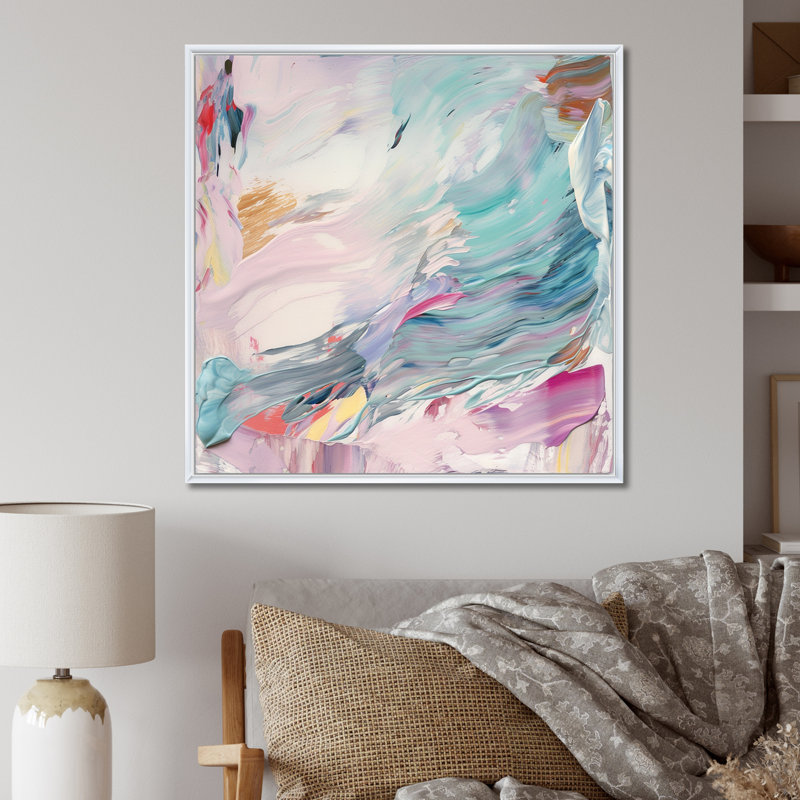 «Spring Miracles In Tender Retro Pastel», peinture abstraite sur toile, H 36 po x l 36 po, Cadre flottant blanc