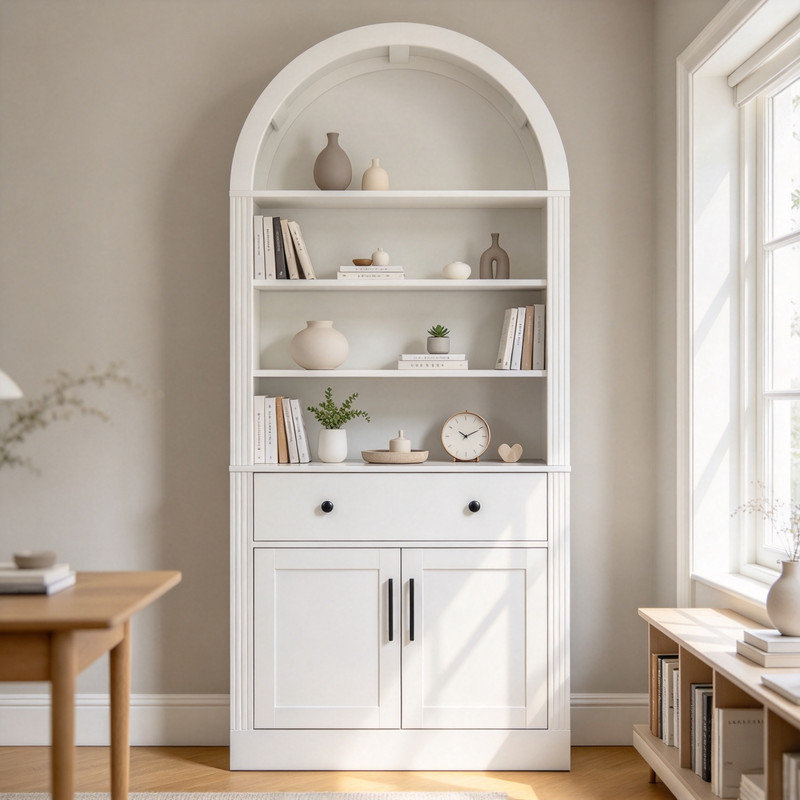 Ensemble bibliothèque cintrée avec meuble de rangement, bibliothèque haute avec portes à tiroirs et étagères réglables, meuble de cuisine autoportant pour salon, bureau, salle de bain, blanc
