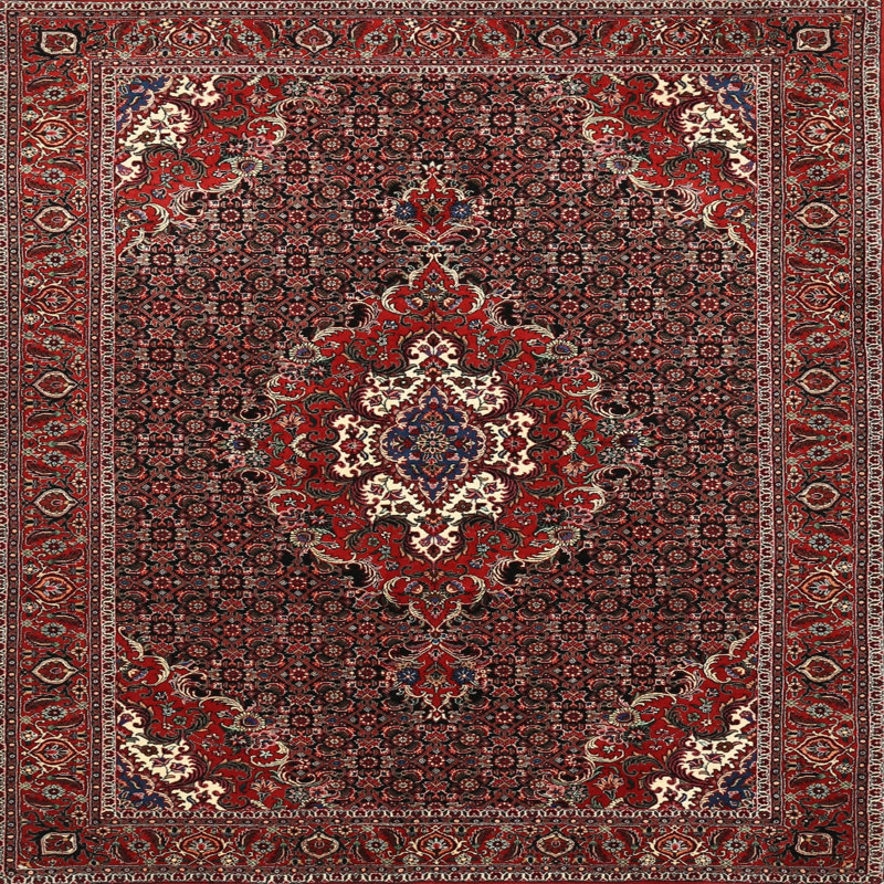 Tapis brun/rouge foncé/noir traditionnel Akaki, Carré 7 pi