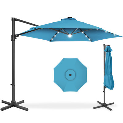  10Ft 360° Rotating Cantilever Offset Hanging Market Patio Umbrella W/ Solar Lights - Sky Blue