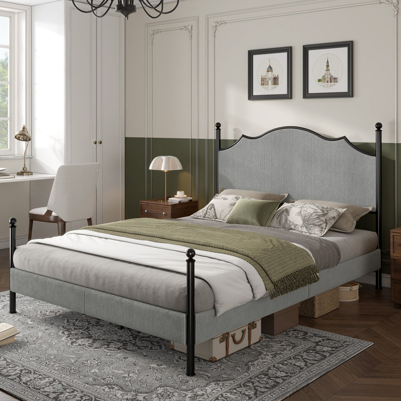 Lark Manor Upholstered Bed Frame With 51.2" Tall Headboard, Metal Four Poster/LED/Easy Assembly, Full / Double, Light Gray
