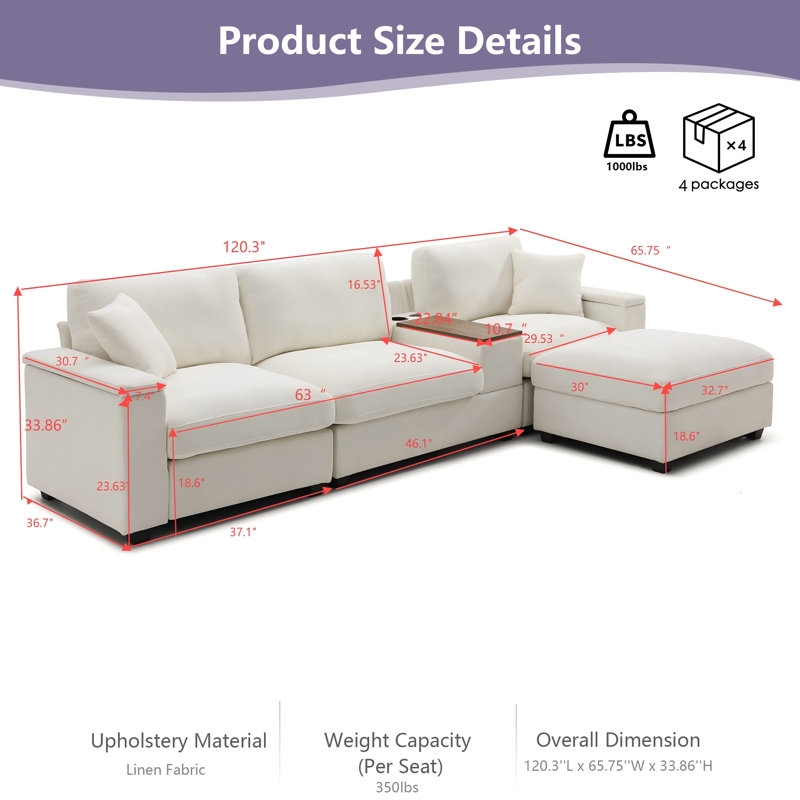 Canapé modulaire en L 120,3 po à 5 places avec table rabattable, plateau pivotant à 360 °, chargeur USB, porte-gobelets et repose-pieds de rangement (revêtement en lin)