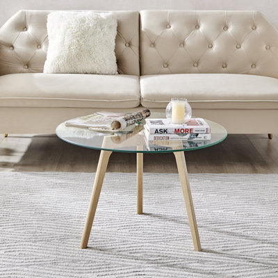 Sala Scandinavian Style Glass and Wood Round Coffee Table - Living Room Centre Table