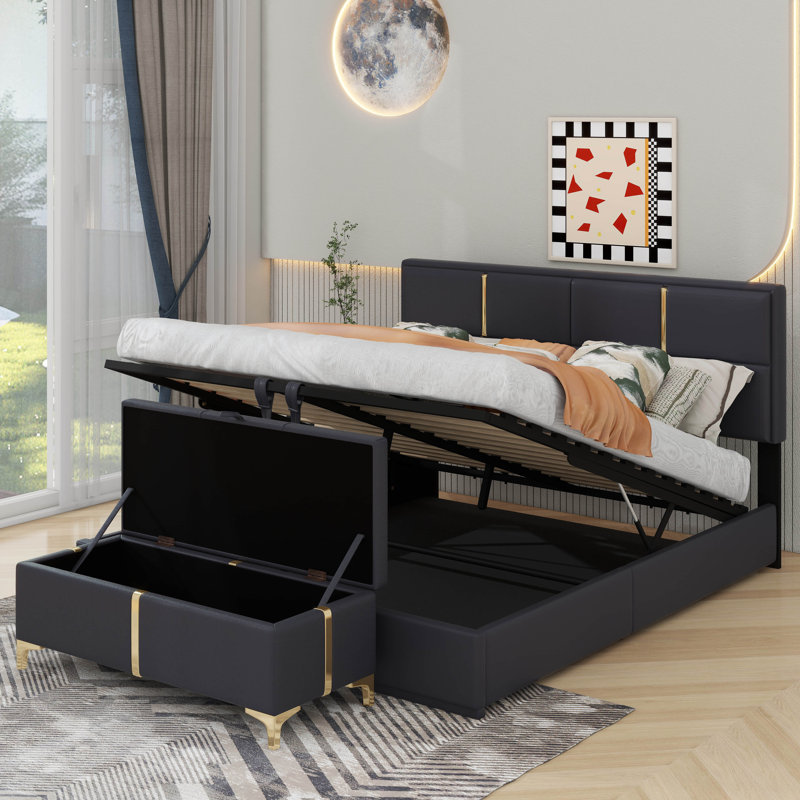 Ensemble de chambre à coucher 2 pièces, grand lit plateforme tapissier avec système de rangement hydraulique, repose-pieds avec pieds en métal