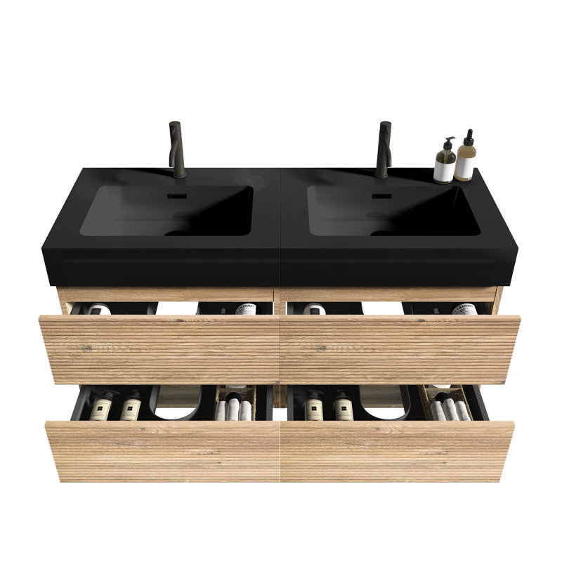 Meuble-lavabo de 48 po avec lavabo noir et tiroirs en chêne brut, style Mid-Century moderne, doubles trous de drainage en forme de U, finition laquée de qualité E0, tiroirs muraux silencieux, look, pour une eau améliorée