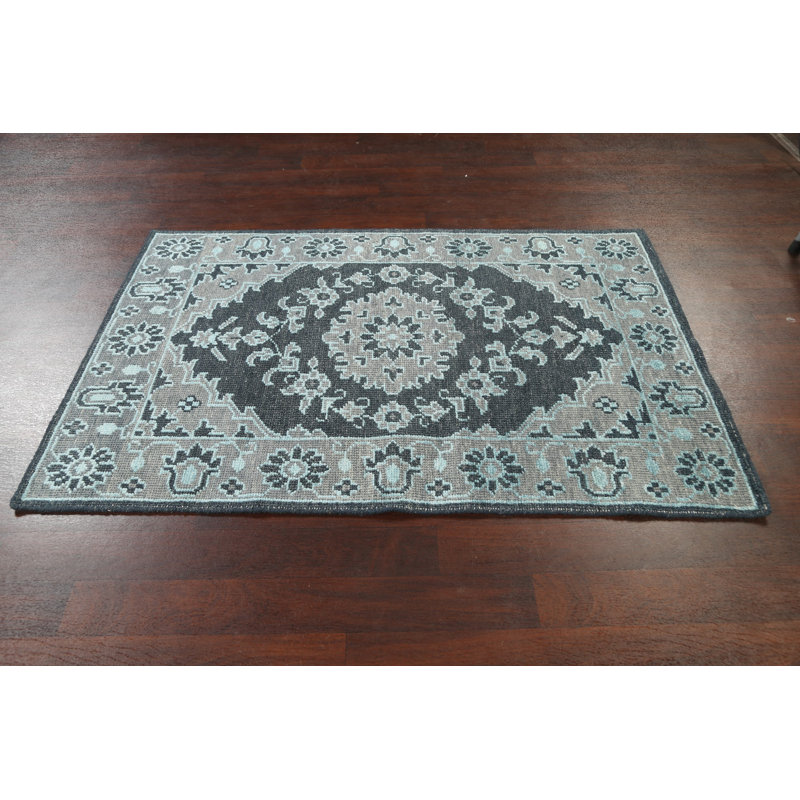 Tapis gris en laine noué à la main de conception unique 4 pi x 5 pi 11 po New Age