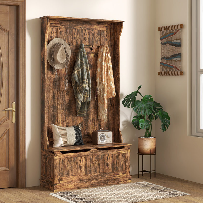 Rustic Brown Solid Wood Hall Tree with Storage Bench and Coat Rack