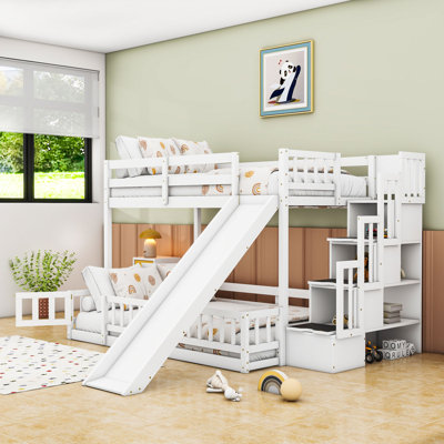 Lit superposé simple au-dessus de double avec glissière et escalier de rangement