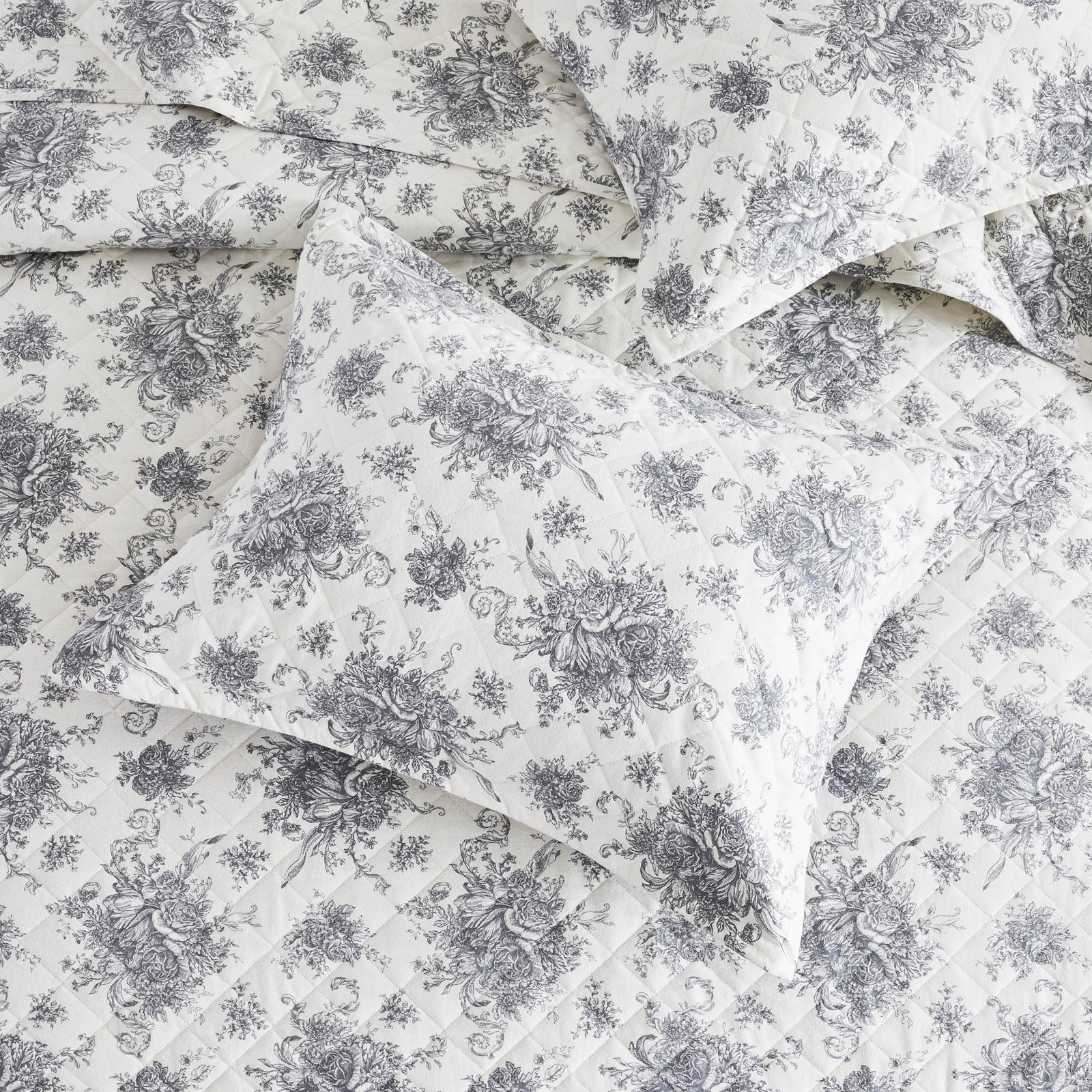 PETIT TOILE FLANNEL COTTON QUILT SET, Twin Quilt + 1 Standard Sham, Gray