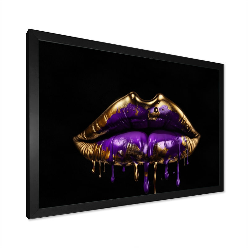 Gold Lips Of Luxury III - art sur toile tendance, Cadre photo noir, H 24 po x l 32 po x P 1 po