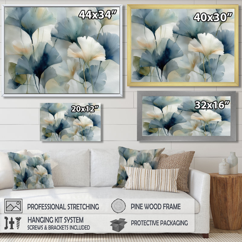 «Watercolor Pants Flowers In Meadow», reproduction d'art sur toile, art floral blanc sur toile, H 30 po x l 40 po, Doré