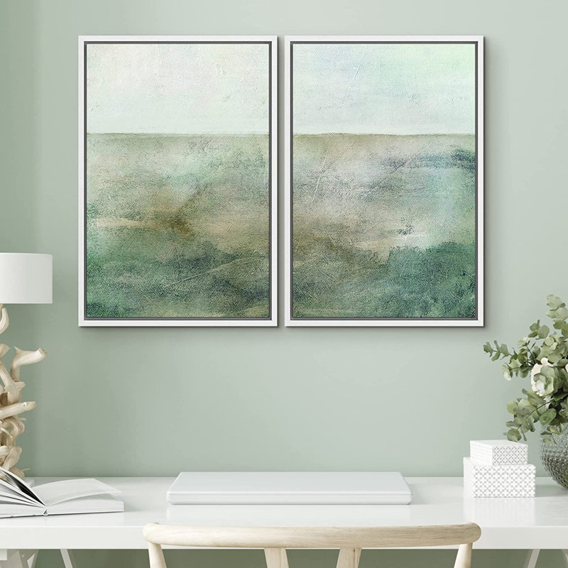 «Pastel Teal Green Landscape Abstract Shapes Modern Art Decor», encadrée sur toile, L 32 po x H 24 po, Cadre blanc