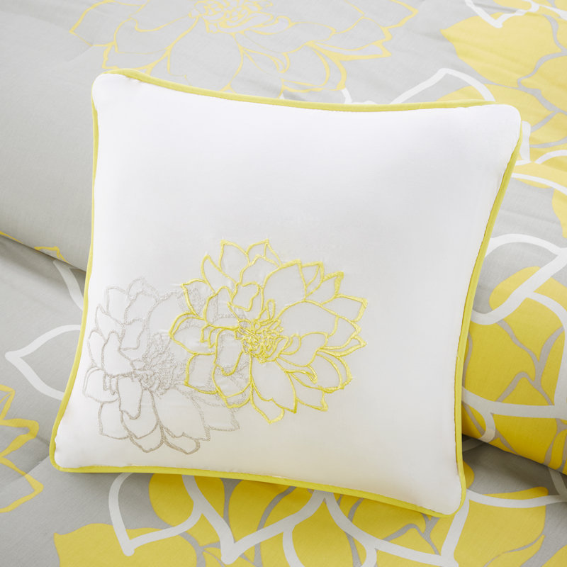 Queen Gray and Yellow Floral Cotton Comforter Set
