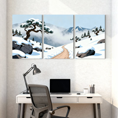 Forêt d'hiver, paysage de montagne enneigée avec sentier de pin, ensemble de 3 impressions sur toile