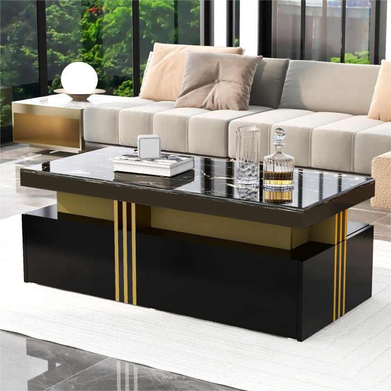 Black MDF Coffee Table With PVC Pattern Top 2 Drawers 100*50*40Cm, Black/Gold