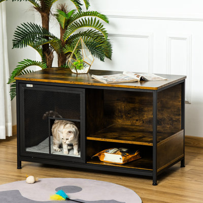 Cat Kennel, Rustic Brown Pet House With Stable And Supportive Cushion Sliding Doors Dog Cage, To Warm For Cats