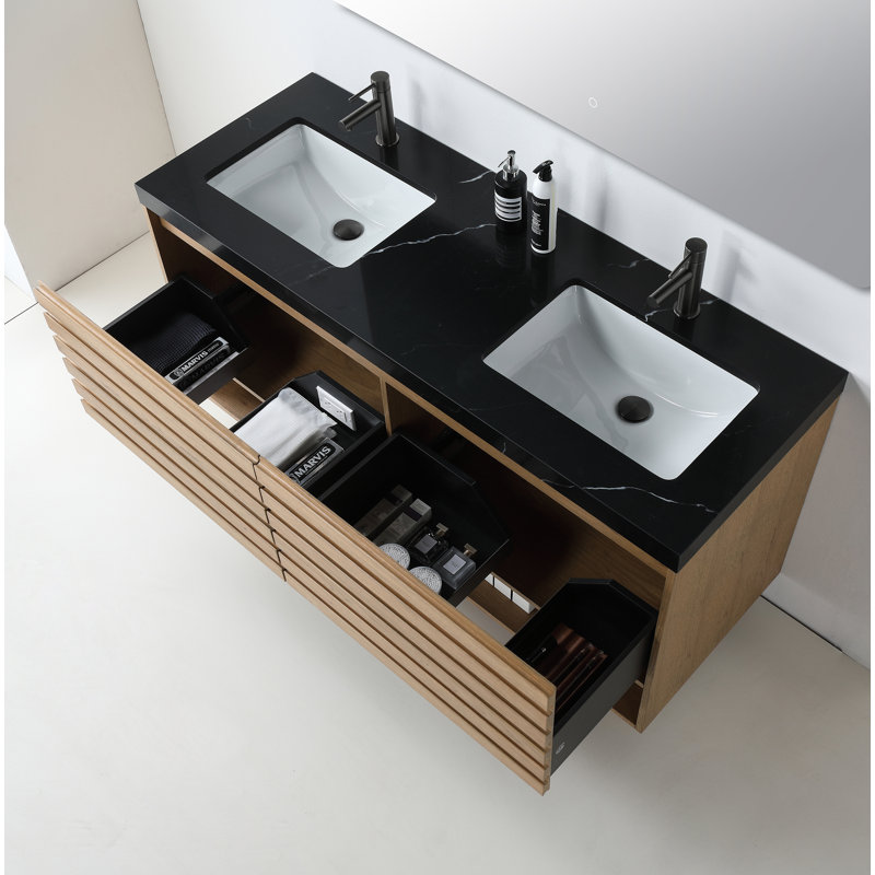 Matera 60" W Double Vanity, Pecan Oak, Black
