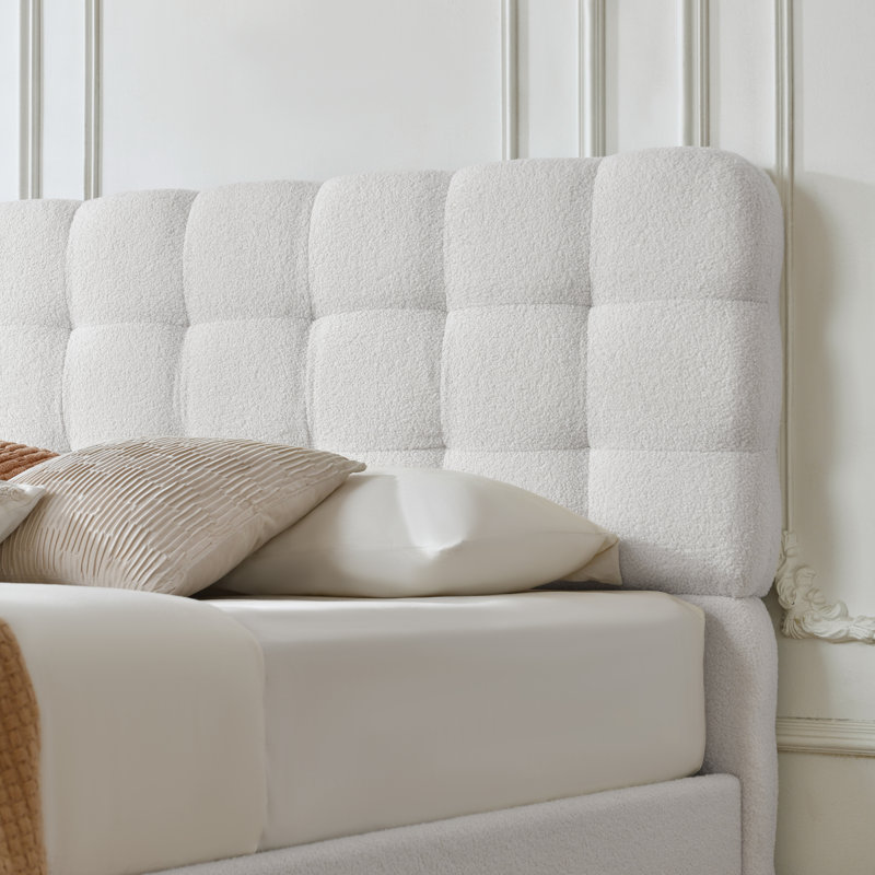 Lit plateforme tapissier avec rangement Arcadia, Lit double, Boucle blanc