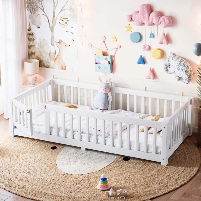 Lit simple avec garde-corps et porte pour enfants, Twin, White