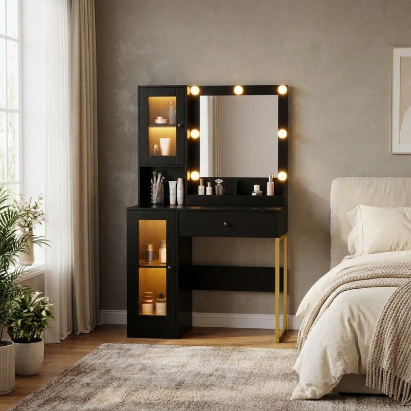 Dressing Table with Mirror and Storage Included, Black