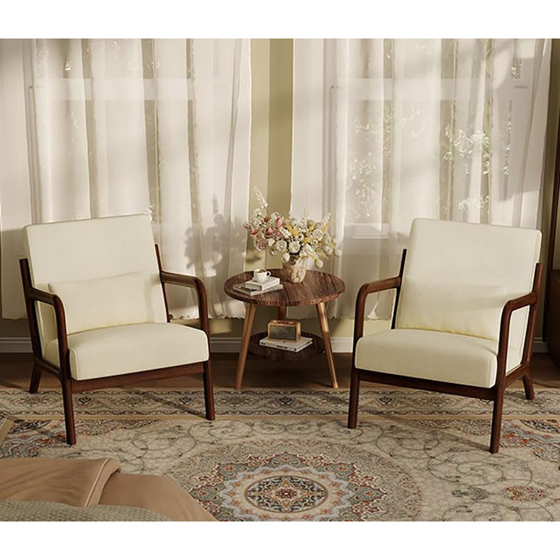 Ensemble de 2 chaises d'appoint Mid-Century, fauteuil rembourré, coussin lombaire, Chenille beige