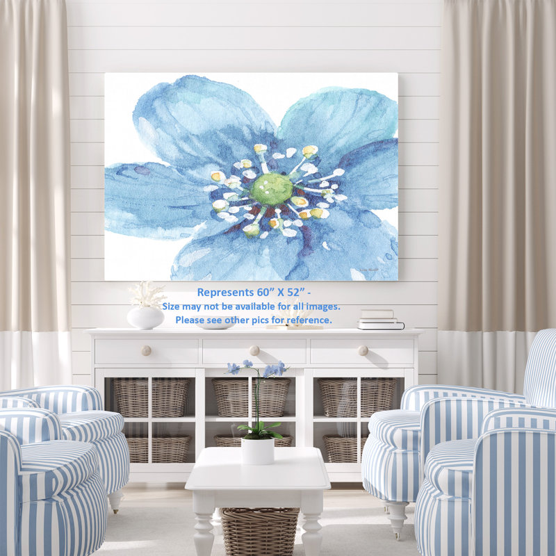 Aquarelle, fleur bleue, floral, vert, jaune, sur fond blanc, H 26 po x l 50 po x P 1,5 po