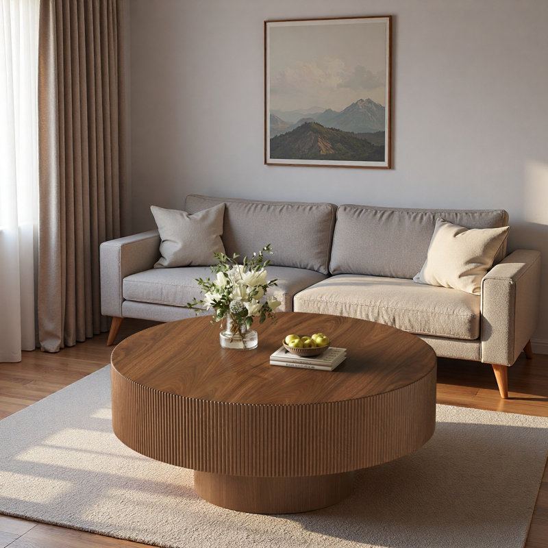 Table basse ronde moderne avec rainures, plateau de table épais et base robuste, Noyer