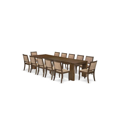 13 Pieces Extendable Dining Set Includes a Rectangle Xtenczar Kitchen Table and 12 Brown Textured Faux Leather Stackable Dining Chairs, Antique Walnut
