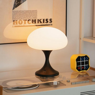 Rechargeable Mushroom Lamp With Glass Shade - 5W LED Cordless Table Lamp, Dimmable Touch Light With 3 Color Temps, Retro Mid Century Bedside Light For Bedroom Ambient Decor