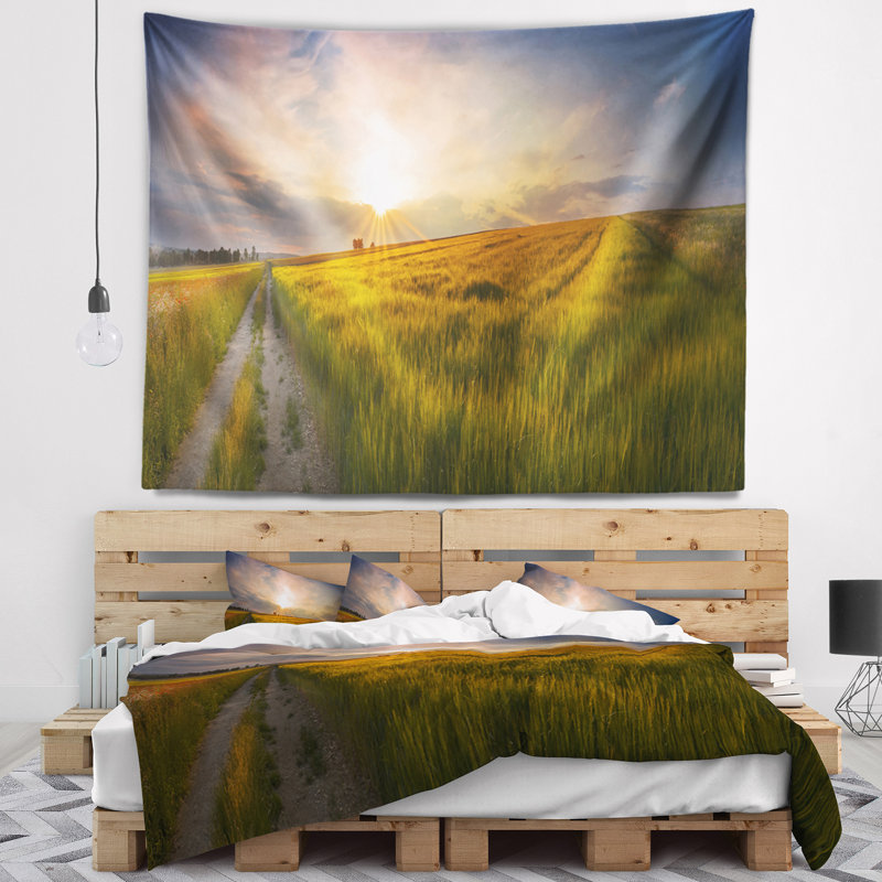 Paysage, coucher de soleil dans le champ de grain, tapisserie panoramique, H 68 po x l 80 po