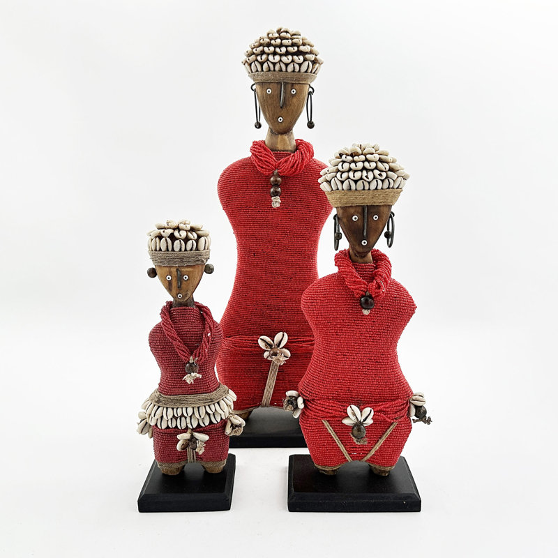 African Beaded Namji Doll, Small 11 in, Red, Cowrie