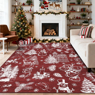 9x12ft Washable Christmas Stain-Resistant Foldable Low Pile Floor Mats Xmas Printed Carpets Soft Non Shedding Rugs