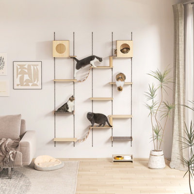 Ensemble de 26 tablettes murales pour chat, meubles muraux pour chat, ensemble de marches pour chat avec rail, maison pour chat, plateforme, poteau à griffes, pont, hamac, aire de jeu pour chat de toutes tailles