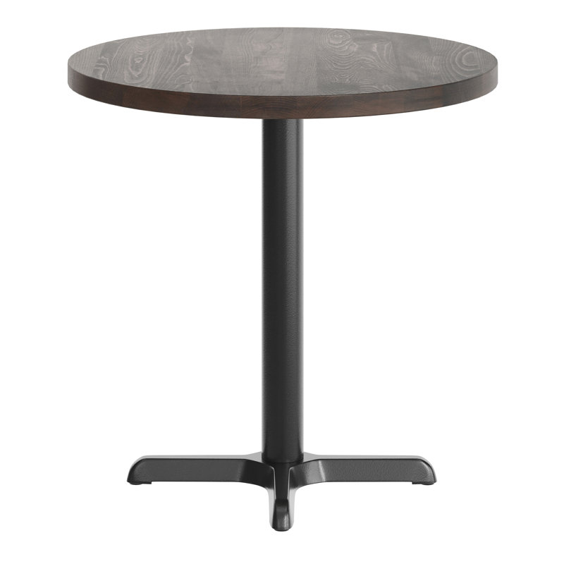 30" Round Solid Wood Commercial Tabletop with 22" x 22" Table Height X-Base, Dark Brown Wood, 29.5"H x 30"L x 30"W, Black