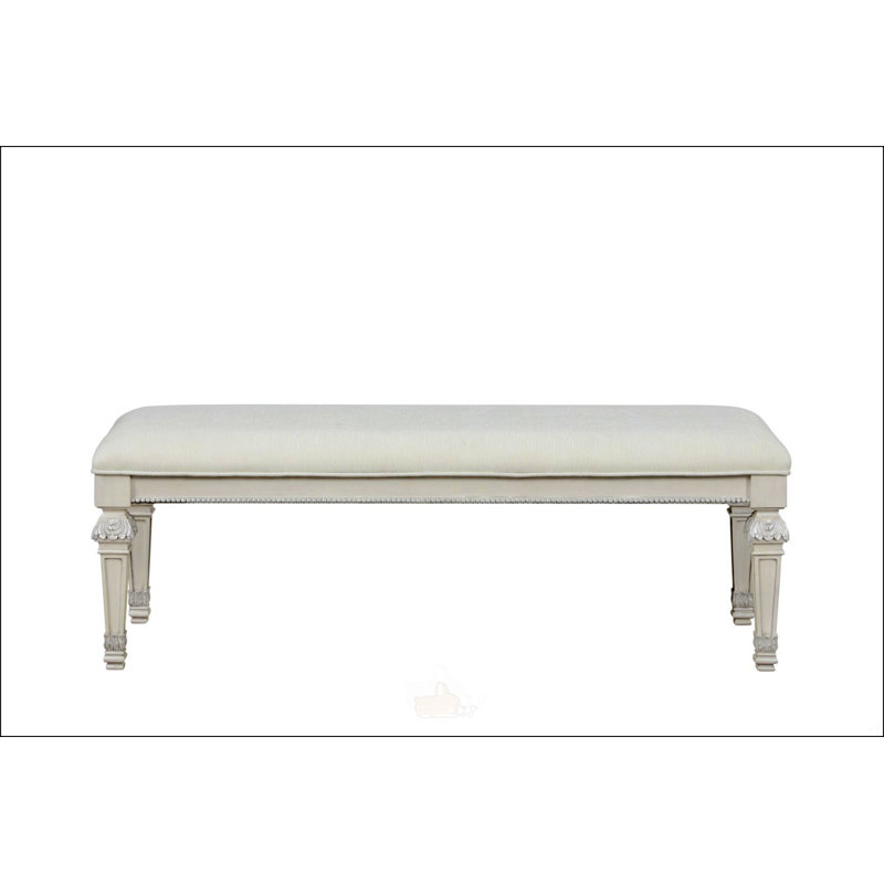 Traditional Creamy White Bench With Ornate Round Knobs And Diamond-Button Tufting, Metal Silver Finish