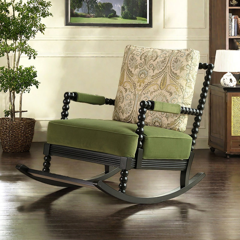 Chaise berçante en bois massif, Beige / bleu clair, Noir