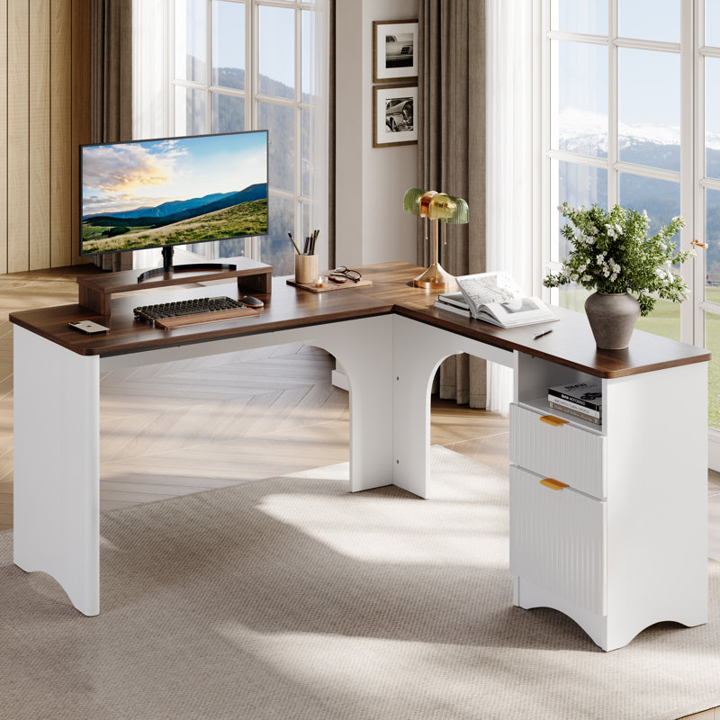 L-Shaped Executive Desk, Walnut/White